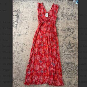 Nostalgia Women's Long Red Floral Dress w Blue Ruffled Flowers Country Beach NEW